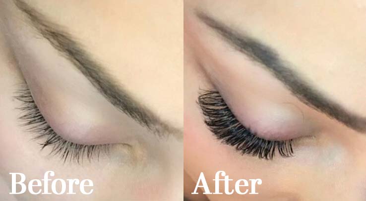 Close-up comparison of eyelashes before and after applying mascara, highlighting the enhanced length and volume.
