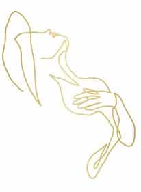 Gold line art illustration of a woman's profile with an uplifted face and hand placed gently on her chest.