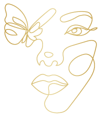 Line drawing of a stylized female face with abstract features and a butterfly near the eye, all depicted with continuous golden lines.